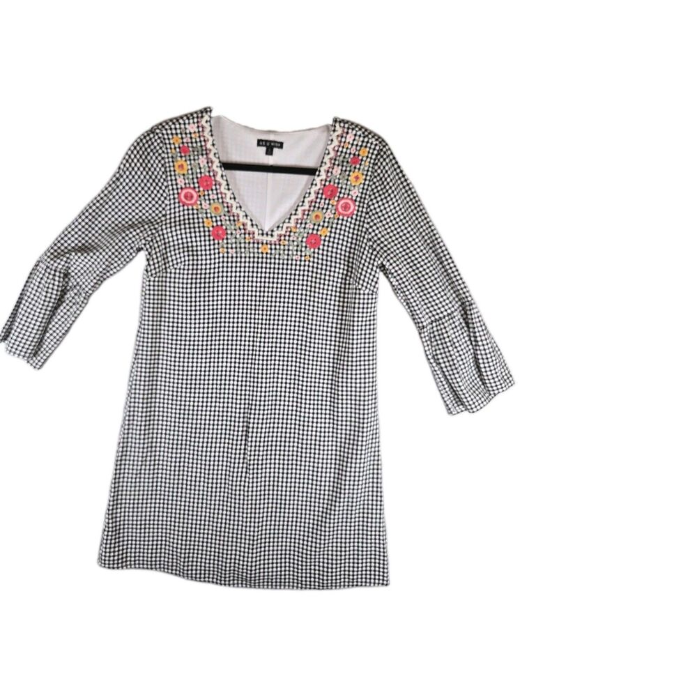As U Wish Women's Embroidered Bell Sleeve Gingham Dress Black White Size Small
